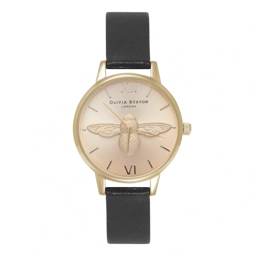 3D Bee Midi Black Dial Black and Gold Watch