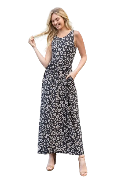 Animal Print Sleeveless Maxi Dress Black/Taupe  - Pack of 6