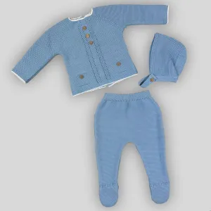 Baby Boys Dusky Blue Knitted 3-Piece Outfit – Pex | Includes Bonnet & Footed Trousers
