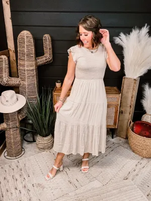 Beige Smocked Tiered Midi Dress