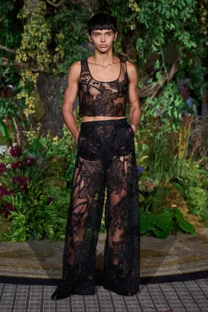 BLACK ABSTRACT TATTOO LACE WIDE LEG TROUSERS