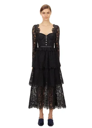 Black Fine Corded Lace Tiered Midi Dress (Black)
