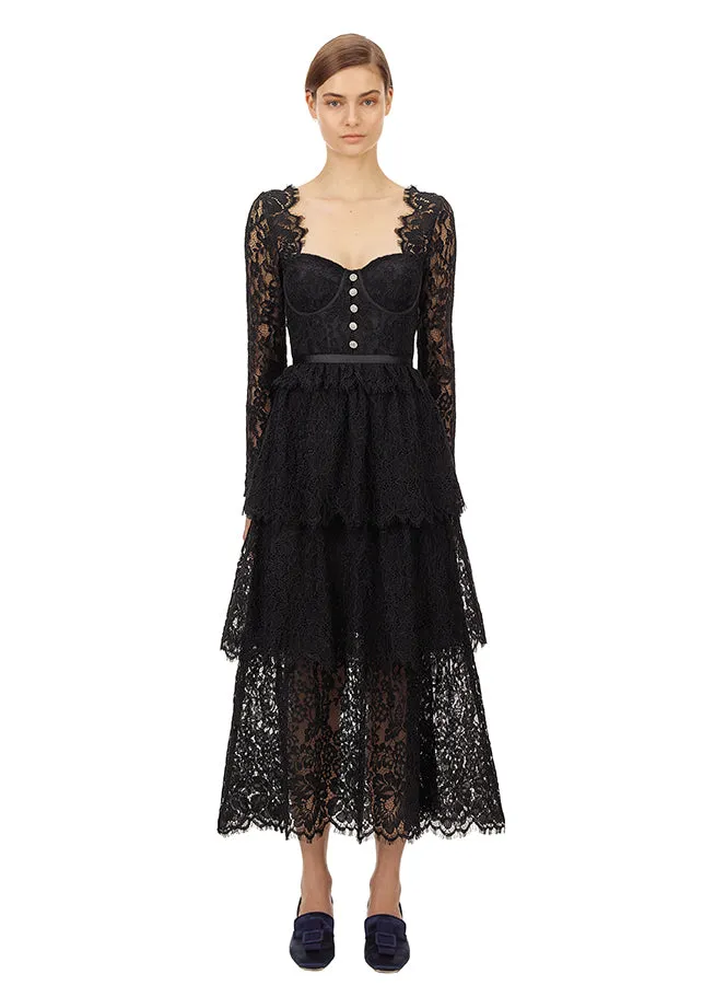 Black Fine Corded Lace Tiered Midi Dress (Black)