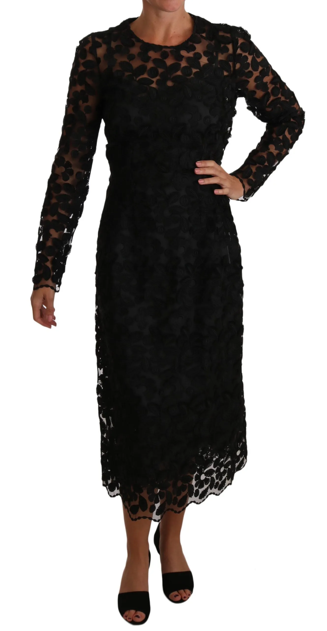 Black Floral Embroidered Midi Lace Dress