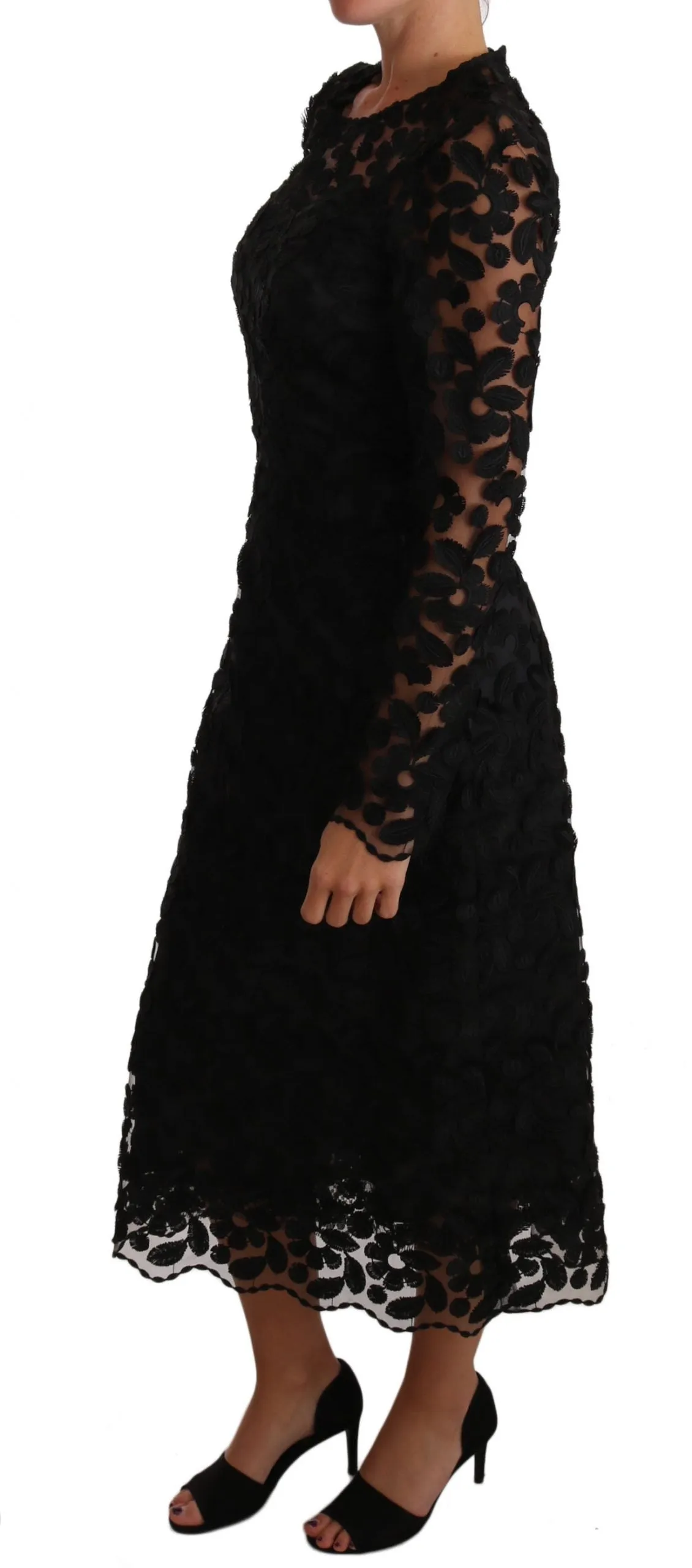 Black Floral Embroidered Midi Lace Dress