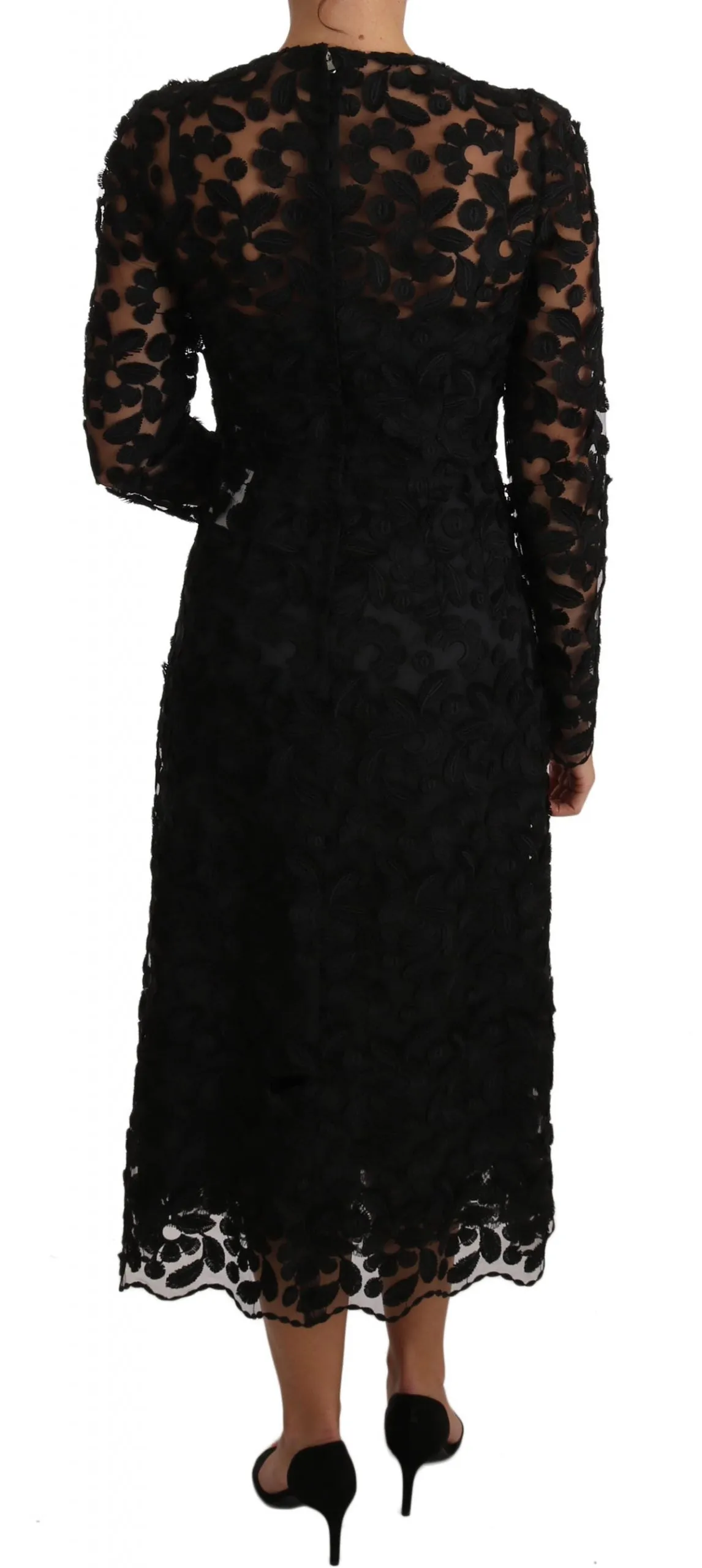 Black Floral Embroidered Midi Lace Dress