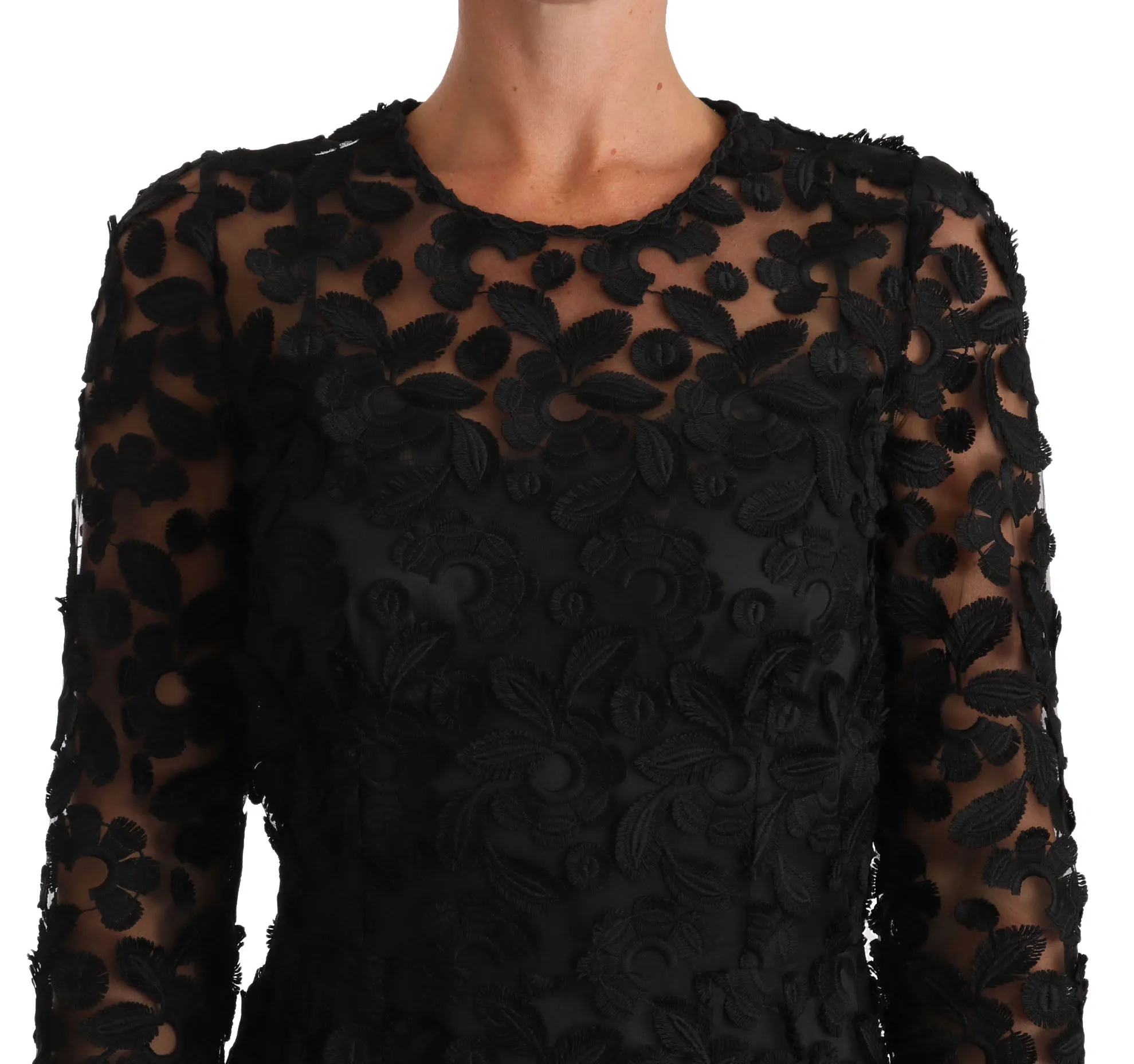 Black Floral Embroidered Midi Lace Dress