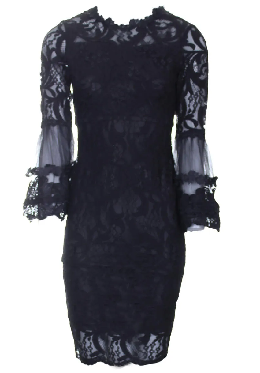 Black Lace Frill Sleeve Midi Dress