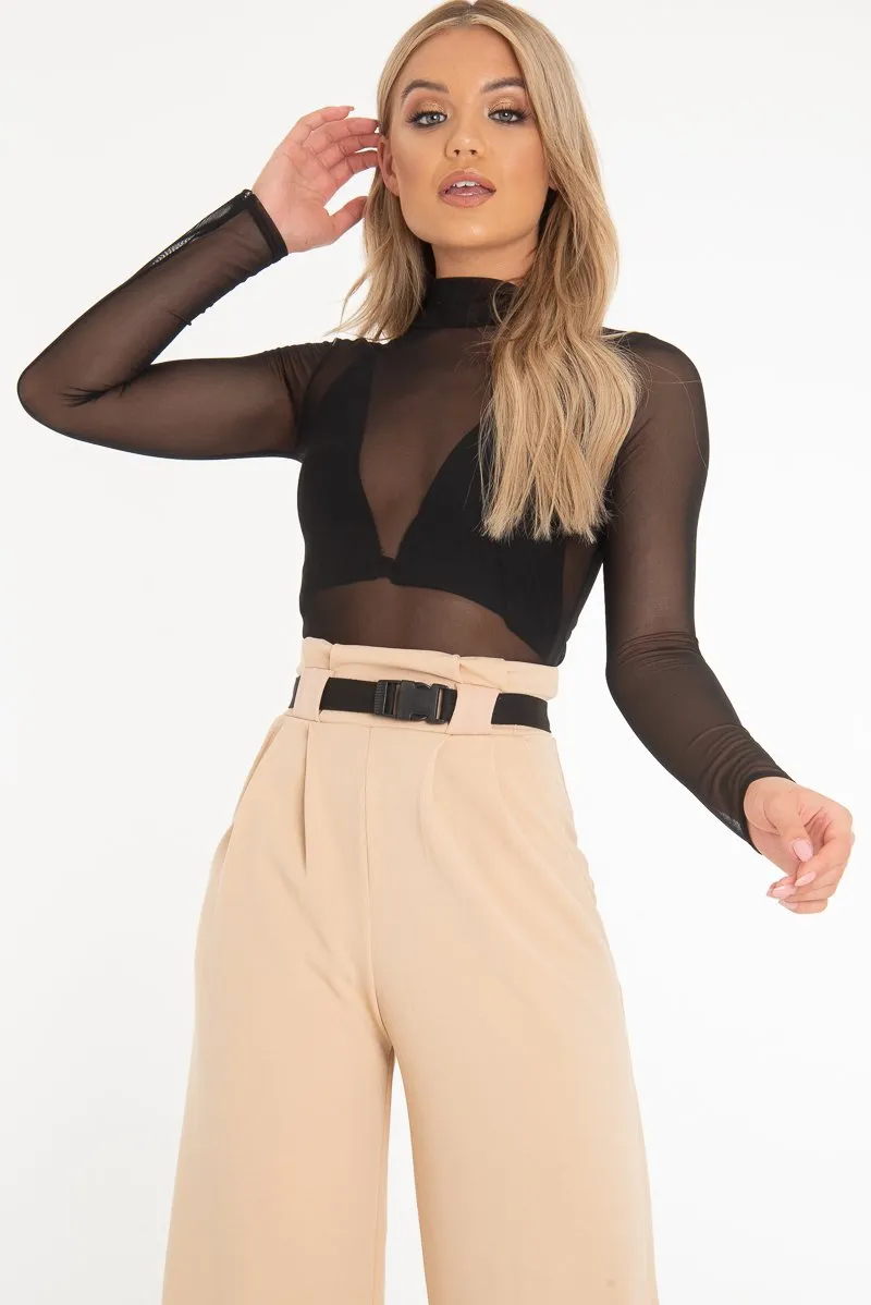 Black Mesh High Neck Long Sleeve Bodysuit - Kimora