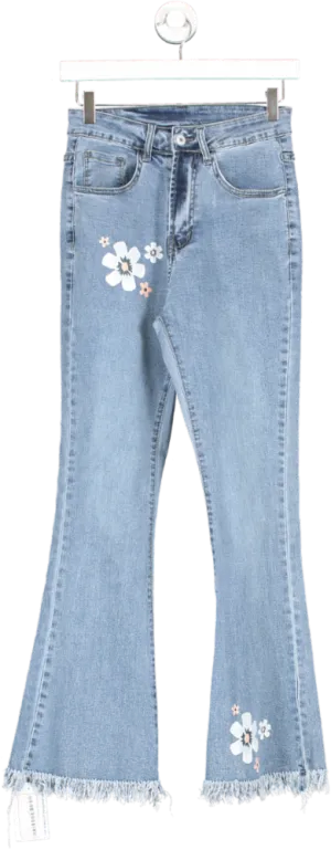 Blue Frayed Hem Flared Flower Detail Jeans UK S