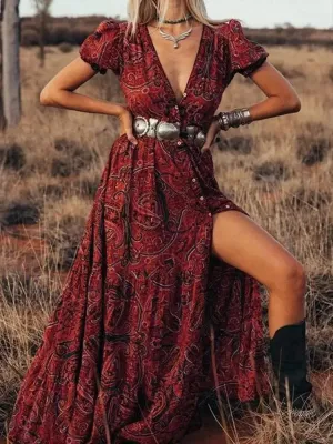 Boho Long Dress Vintage Floral Print Chiffon 3/4 Sleeve V-Neck Long Slit Summer Hippie Dresses