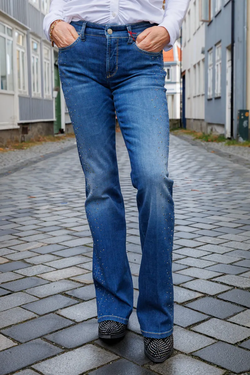Cambio Paris flared blå jeans med smykkedetaljer