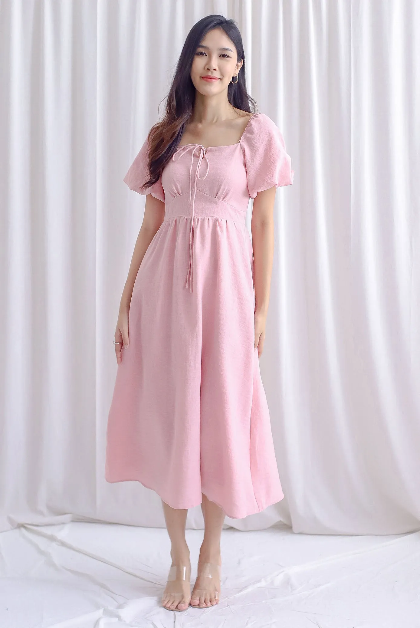 Carrington Puffy Sleeve Tie Up Maxi Dress In Pink
