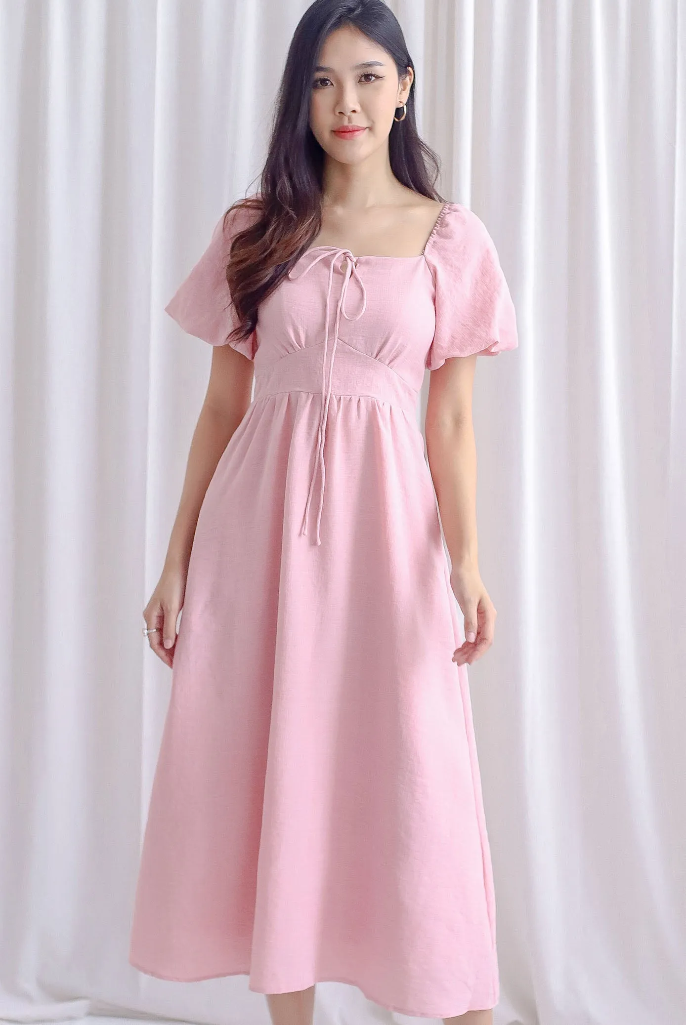 Carrington Puffy Sleeve Tie Up Maxi Dress In Pink
