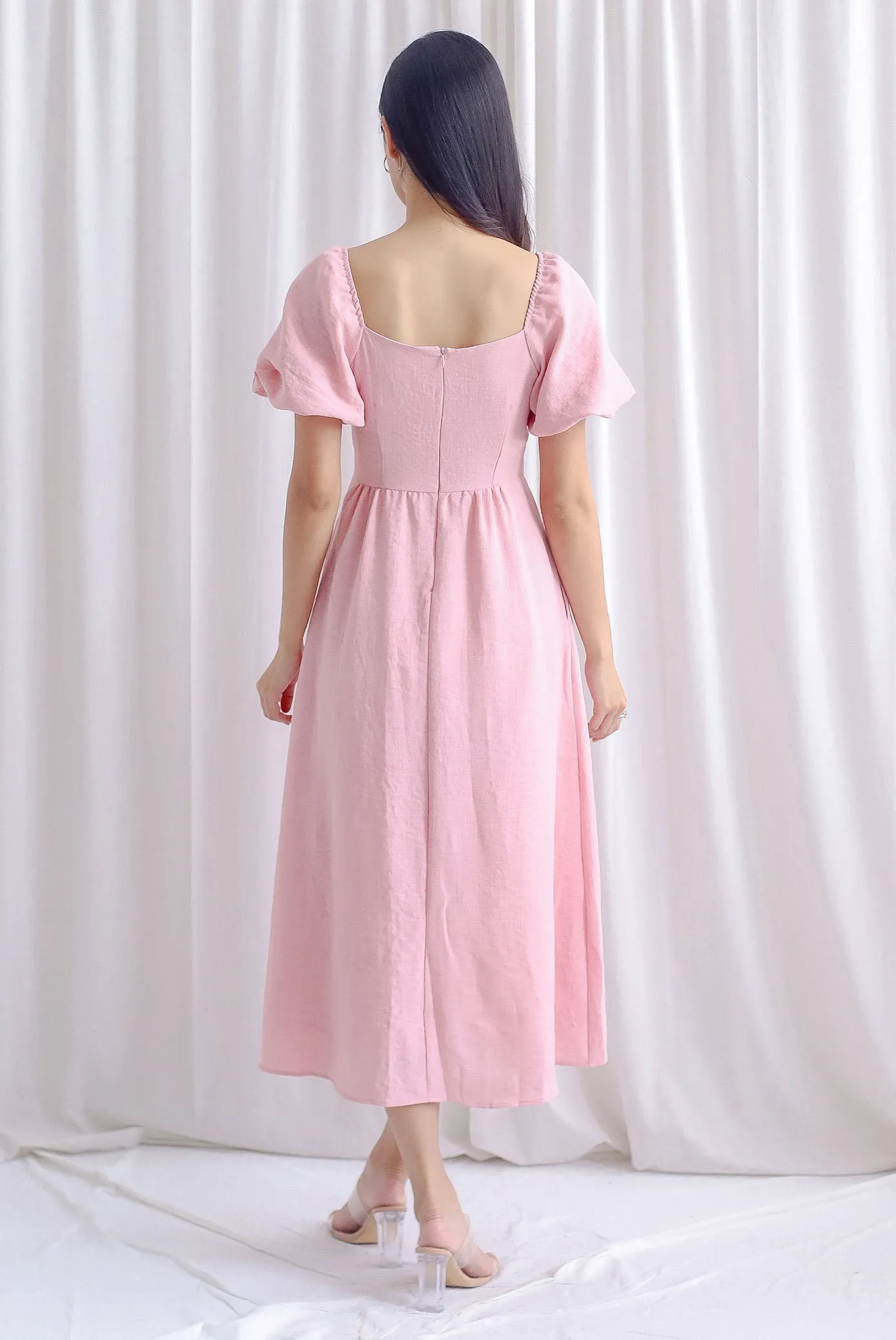 Carrington Puffy Sleeve Tie Up Maxi Dress In Pink