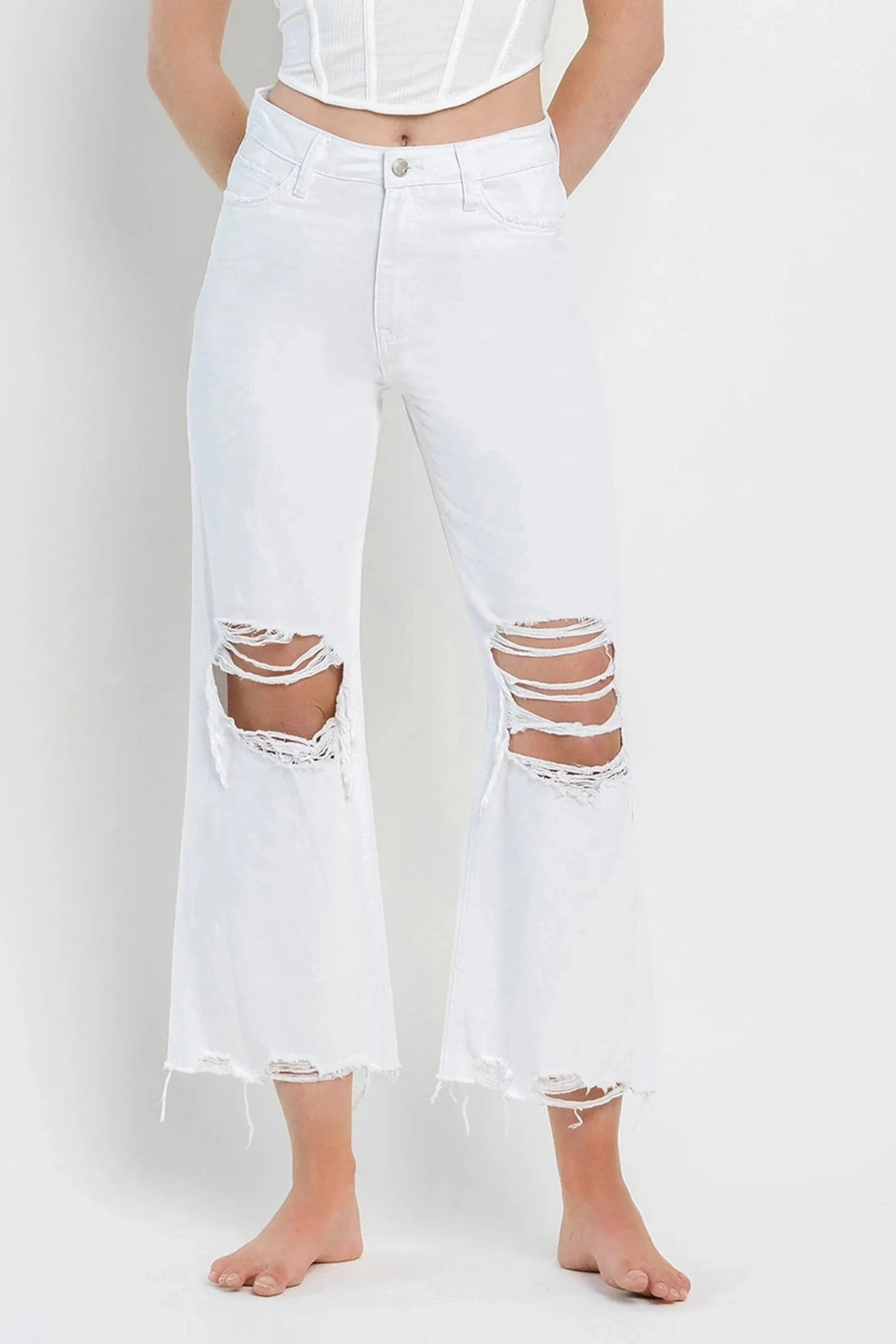 Channing 90's Distressed Crop Flare Jeans - White - SALE