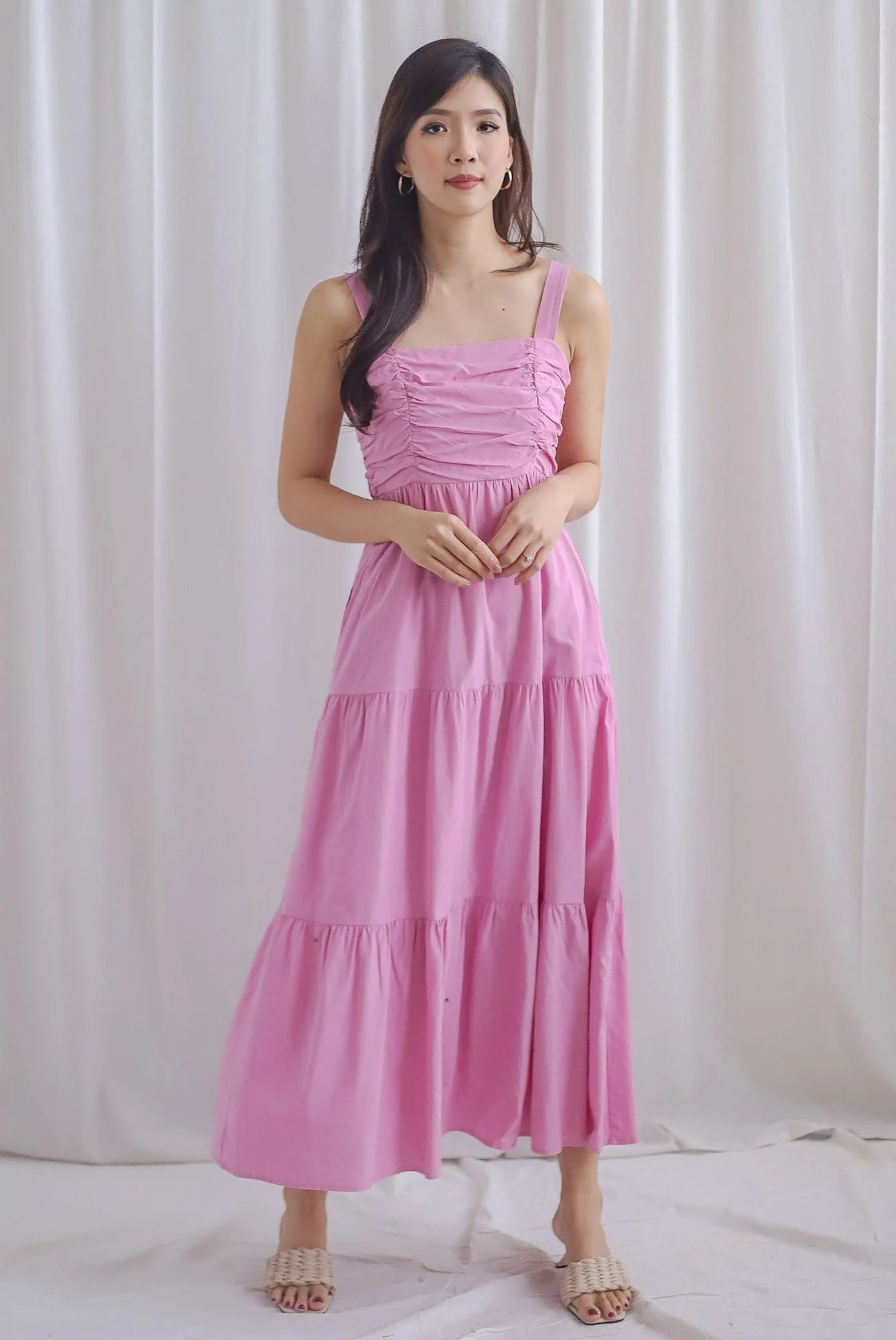 Charmion Spaghetti Ruched Tier Maxi Dress In Pink
