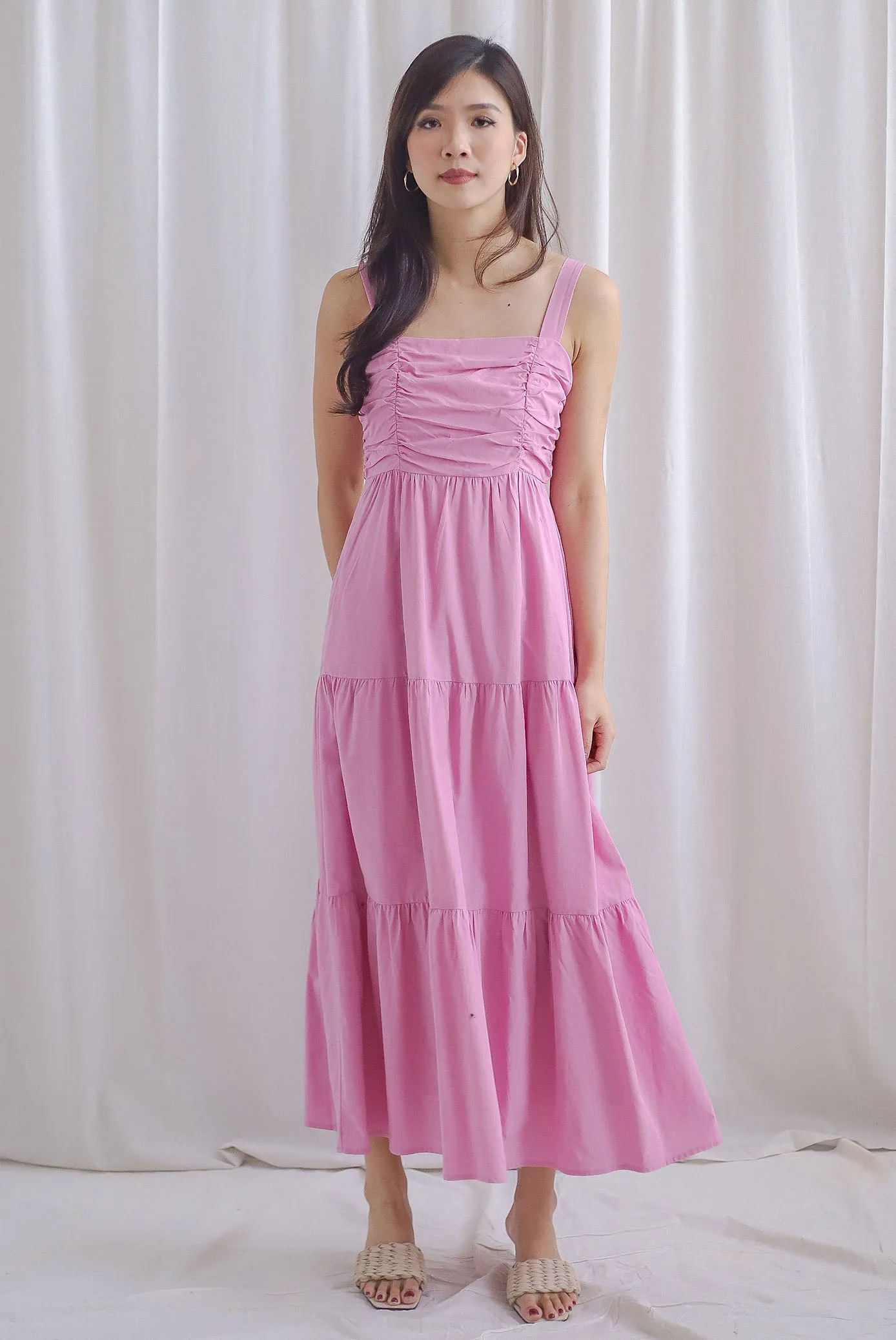 Charmion Spaghetti Ruched Tier Maxi Dress In Pink