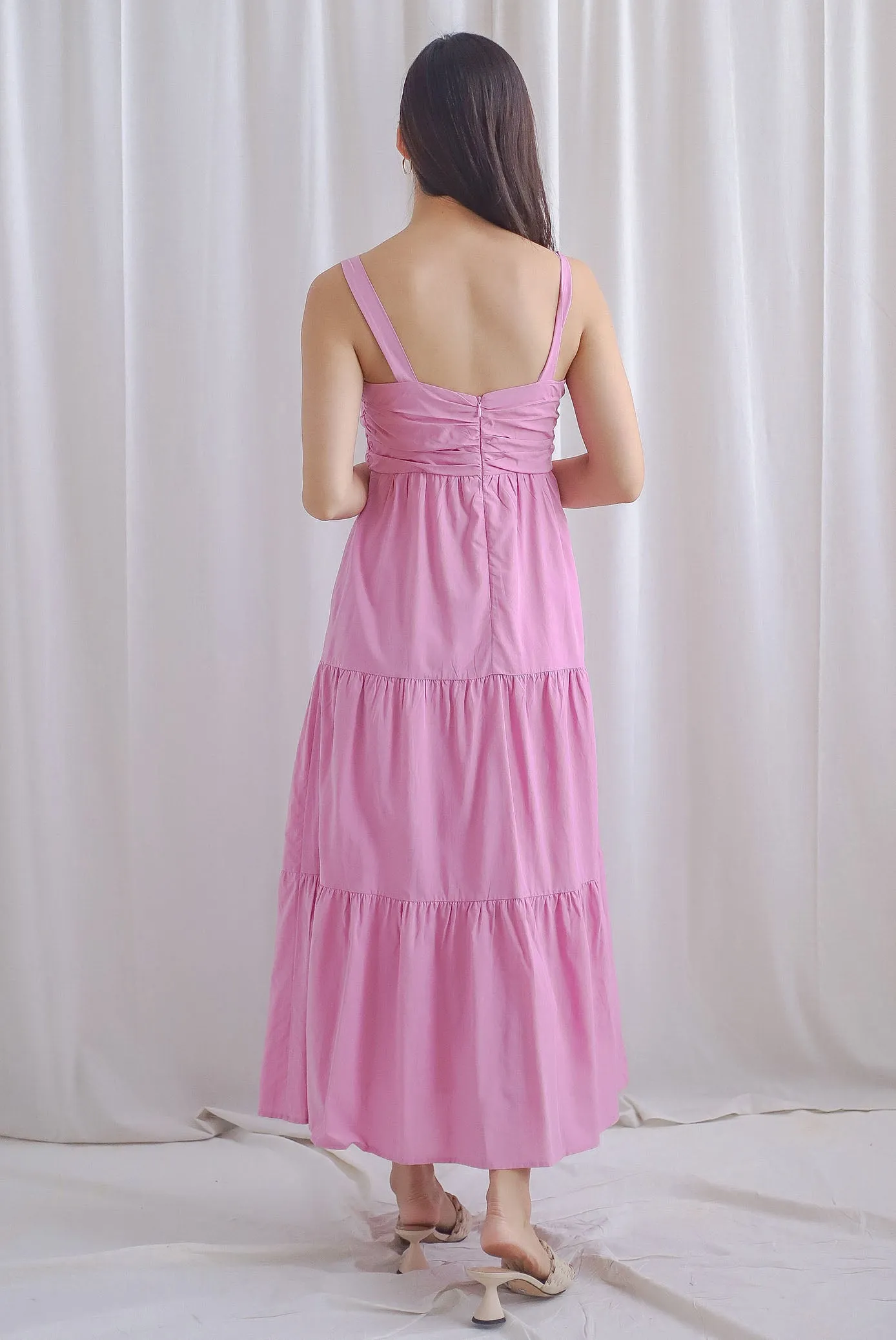 Charmion Spaghetti Ruched Tier Maxi Dress In Pink