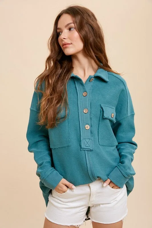 Collared Button Front Sweatshirt - Teal