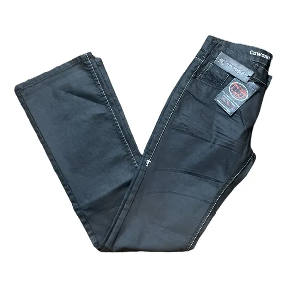 COWGIRL TUFF MID RISE BLACK COATED SILVER TOPSTITCH BOOTCUT JEANS **NWT**