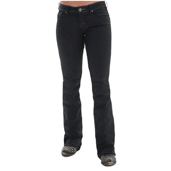 COWGIRL TUFF MID RISE BLACK COATED SILVER TOPSTITCH BOOTCUT JEANS **NWT**