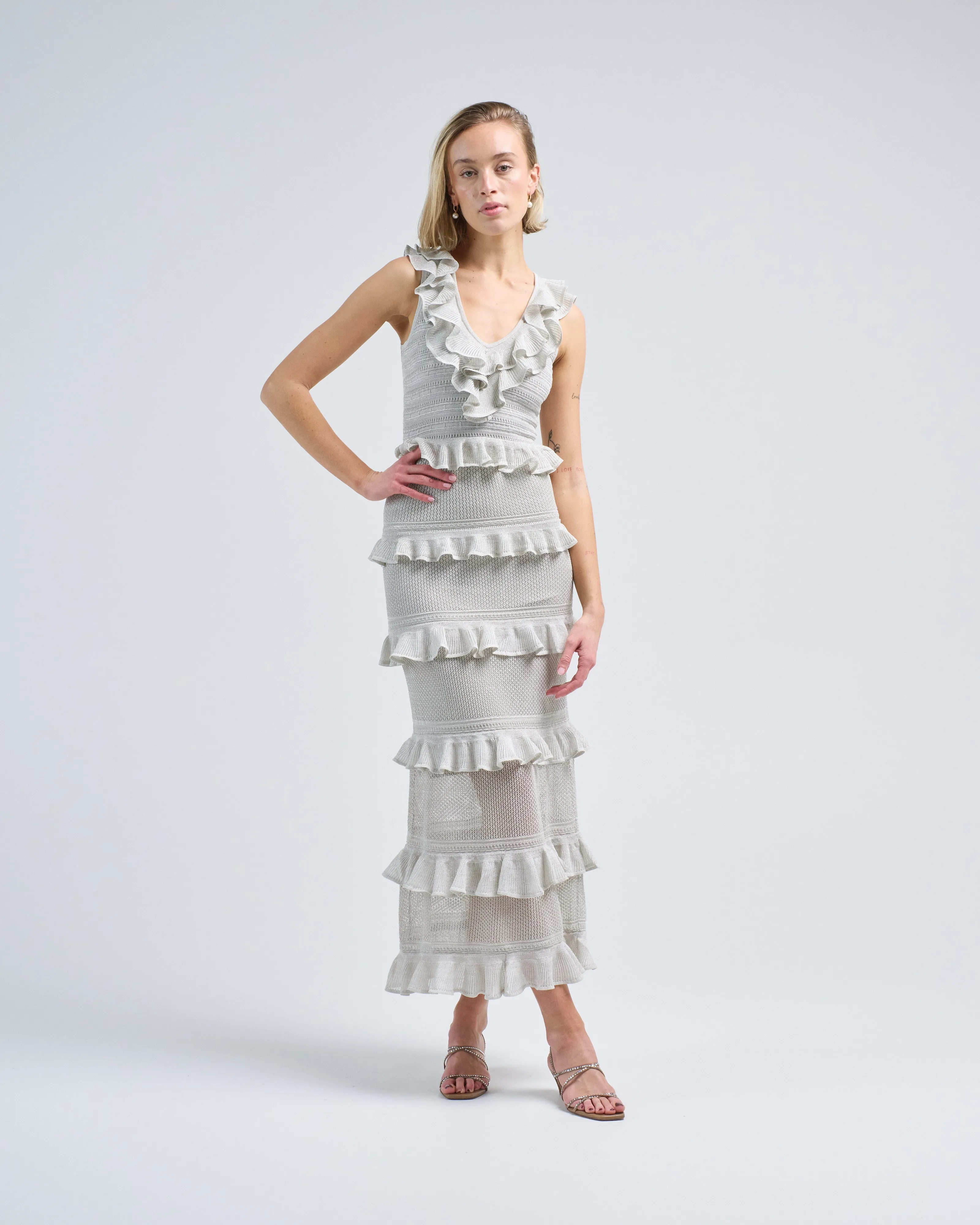 crush frilled v-neck midi