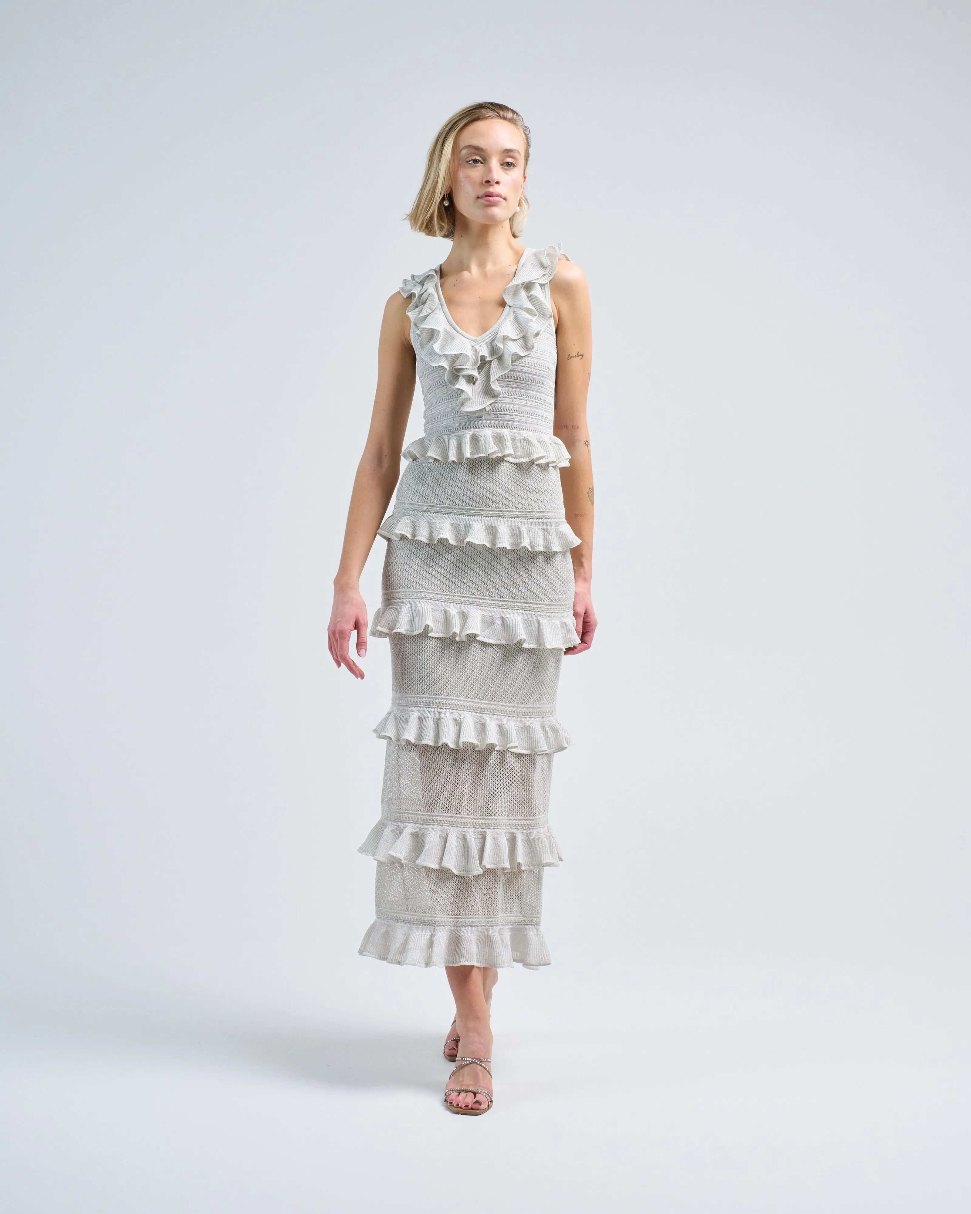 crush frilled v-neck midi