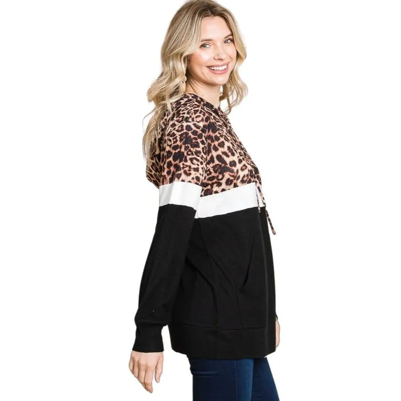 Culture Code's White Color Block Animal Print Long Sleeve Hoodie CHH1350L