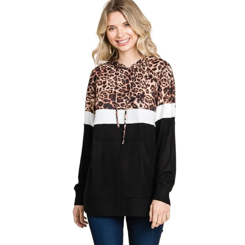 Culture Code's White Color Block Animal Print Long Sleeve Hoodie CHH1350L