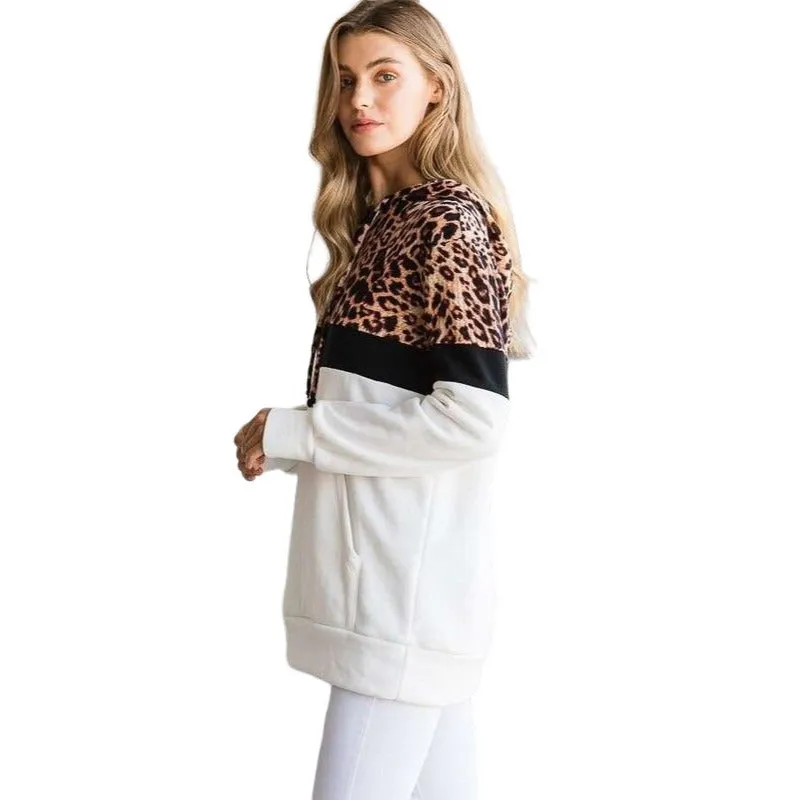 Culture Code's White Color Block Animal Print Long Sleeve Hoodie CHH1350L