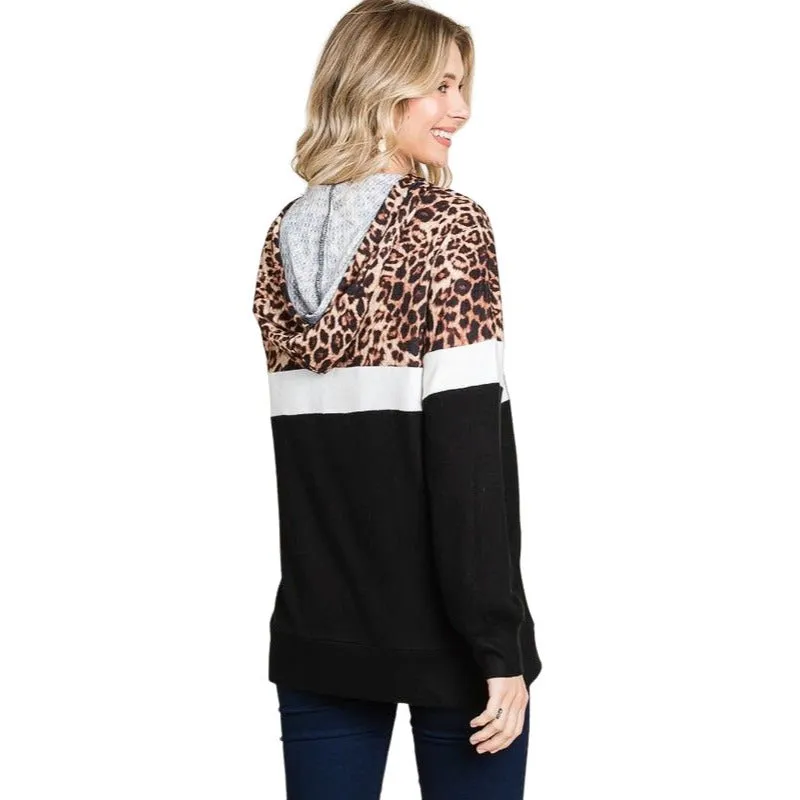 Culture Code's White Color Block Animal Print Long Sleeve Hoodie CHH1350L
