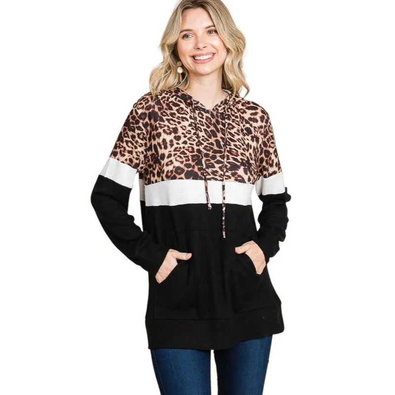 Culture Code's White Color Block Animal Print Long Sleeve Hoodie CHH1350L