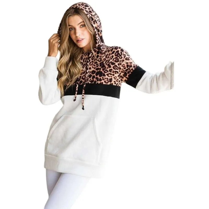 Culture Code's White Color Block Animal Print Long Sleeve Hoodie CHH1350L