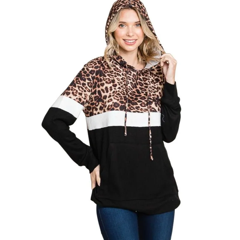Culture Code's White Color Block Animal Print Long Sleeve Hoodie CHH1350L