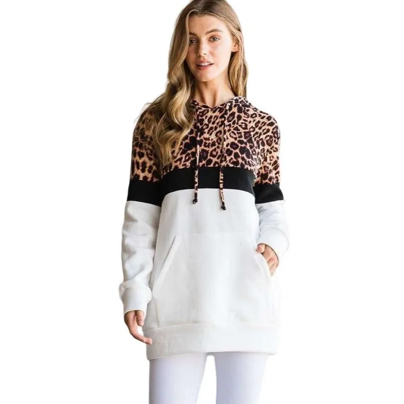 Culture Code's White Color Block Animal Print Long Sleeve Hoodie CHH1350L