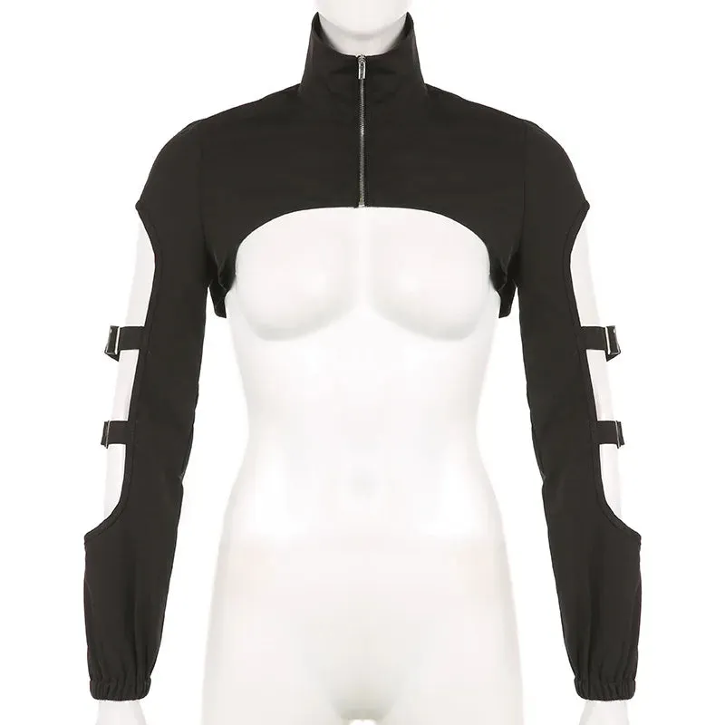 Cyber Techwear Zip-Up Turtleneck Hollow-Out Cargo Crop Jacket