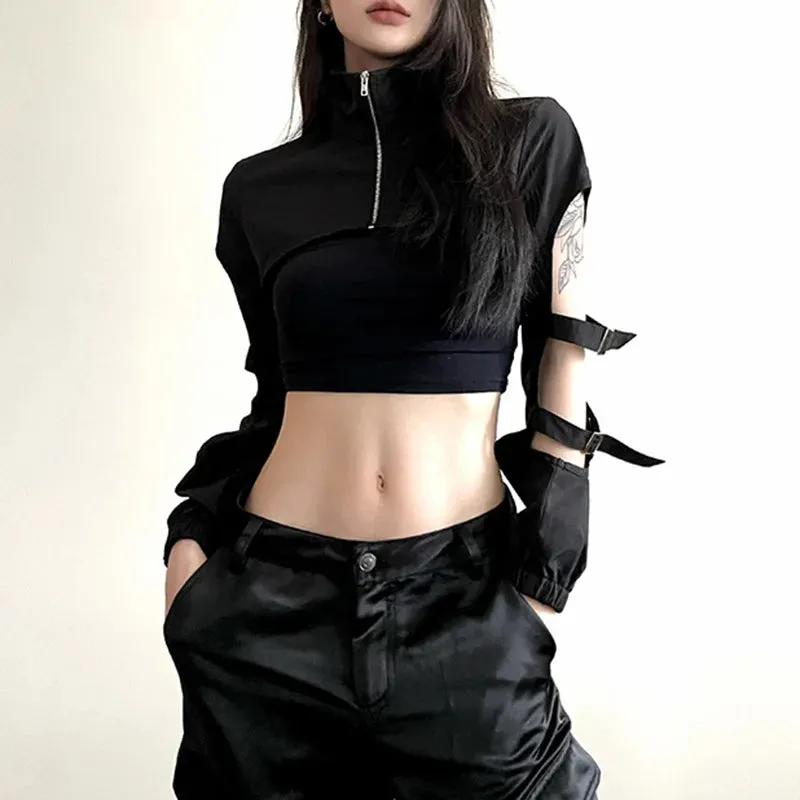 Cyber Techwear Zip-Up Turtleneck Hollow-Out Cargo Crop Jacket