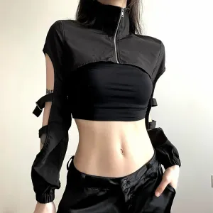 Cyber Techwear Zip-Up Turtleneck Hollow-Out Cargo Crop Jacket