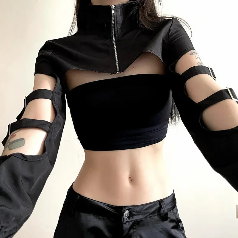 Cyber Techwear Zip-Up Turtleneck Hollow-Out Cargo Crop Jacket