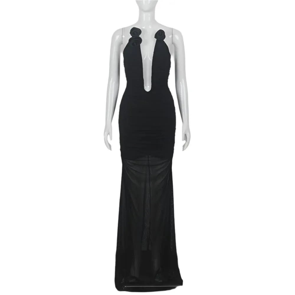 Deep Plunge Rosette Strapless Dress