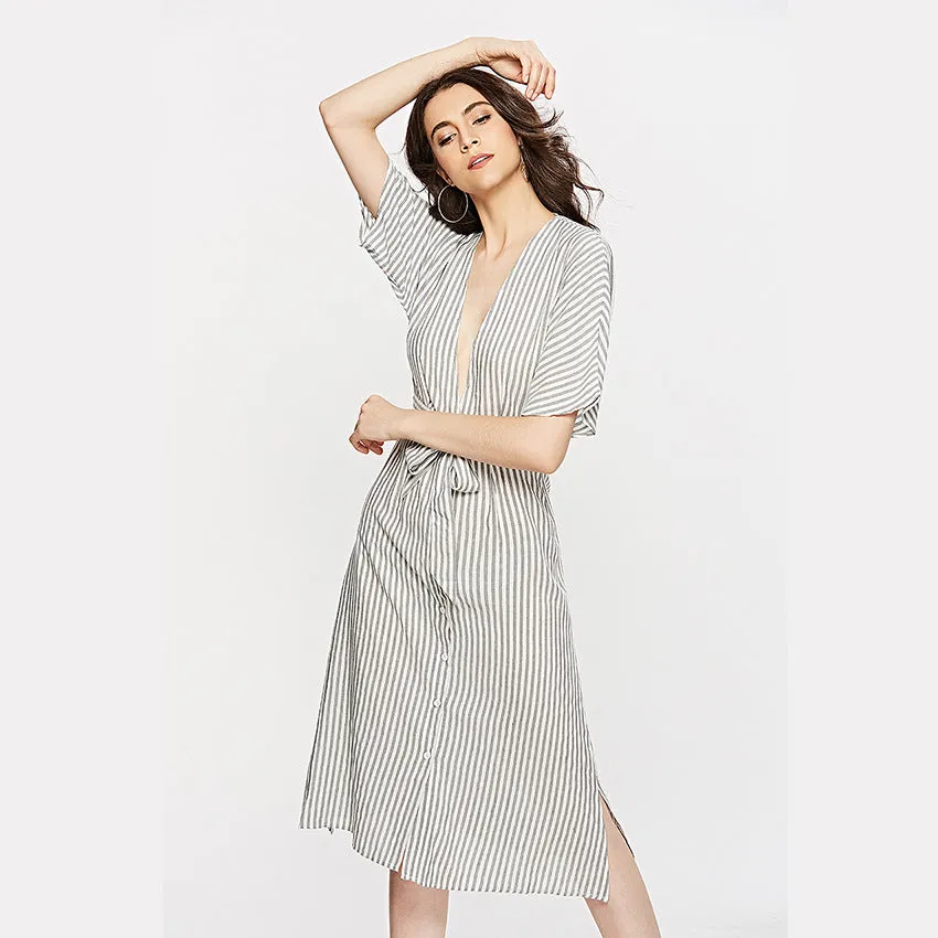 Deep V Striped Backless Seaside Vacation Maxi Dresses
