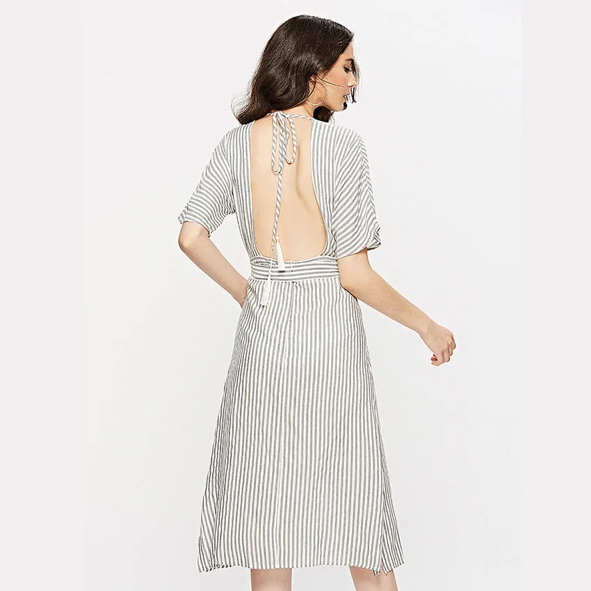 Deep V Striped Backless Seaside Vacation Maxi Dresses