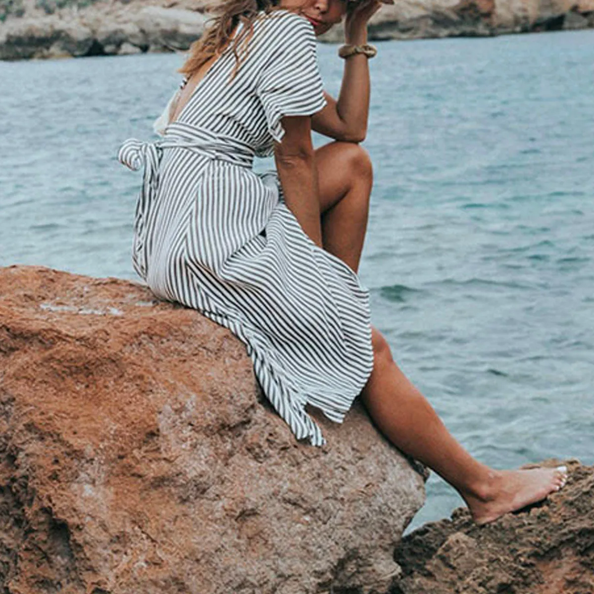 Deep V Striped Backless Seaside Vacation Maxi Dresses