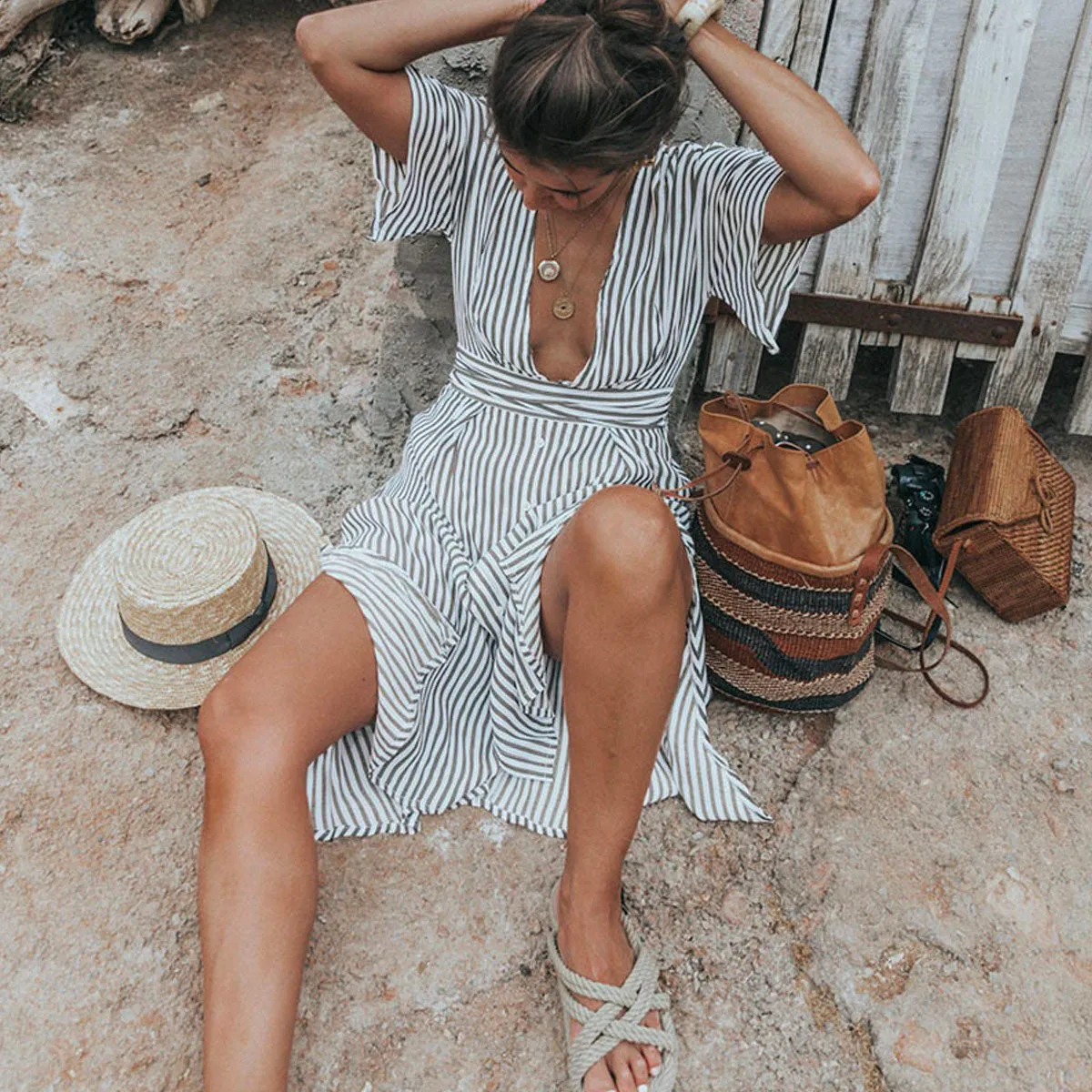 Deep V Striped Backless Seaside Vacation Maxi Dresses