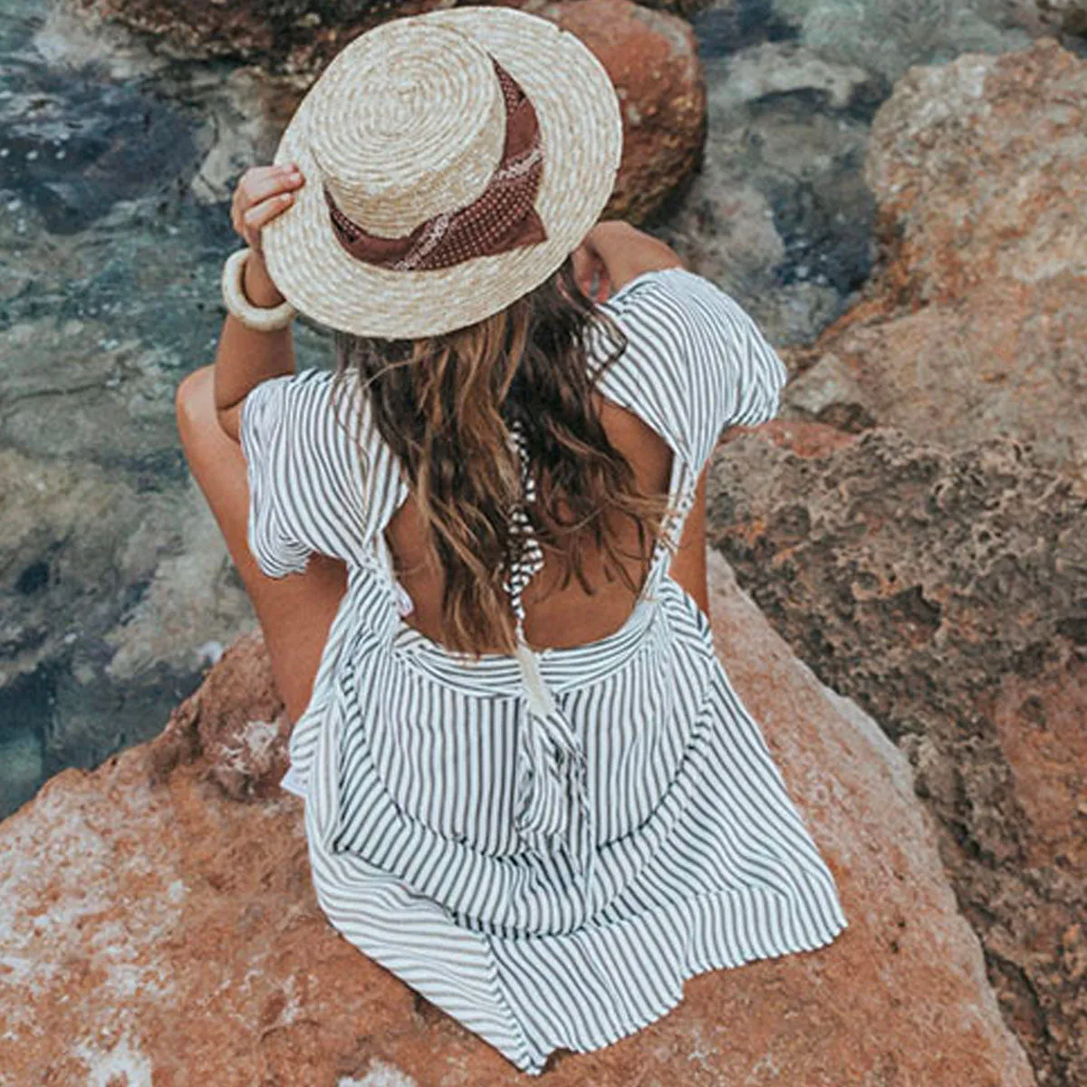Deep V Striped Backless Seaside Vacation Maxi Dresses