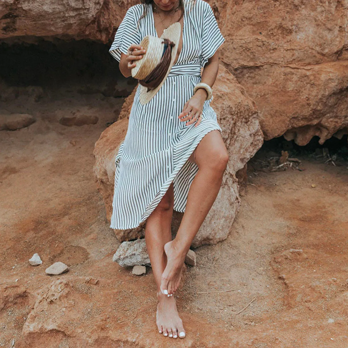 Deep V Striped Backless Seaside Vacation Maxi Dresses