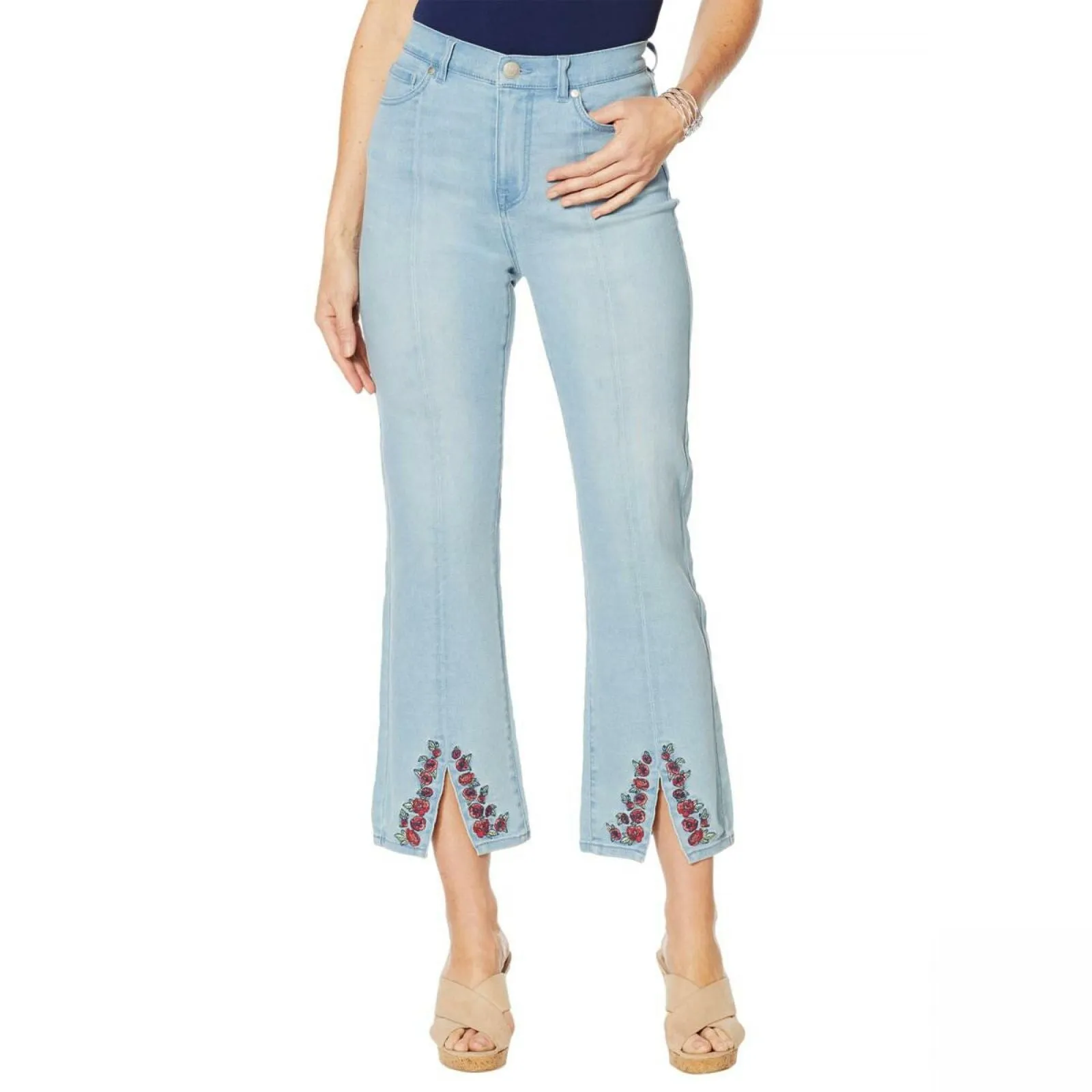 DG2 by Diane Gilman Women's Embroidered Cropped Slit Boot Cut Jeans Chambray 12