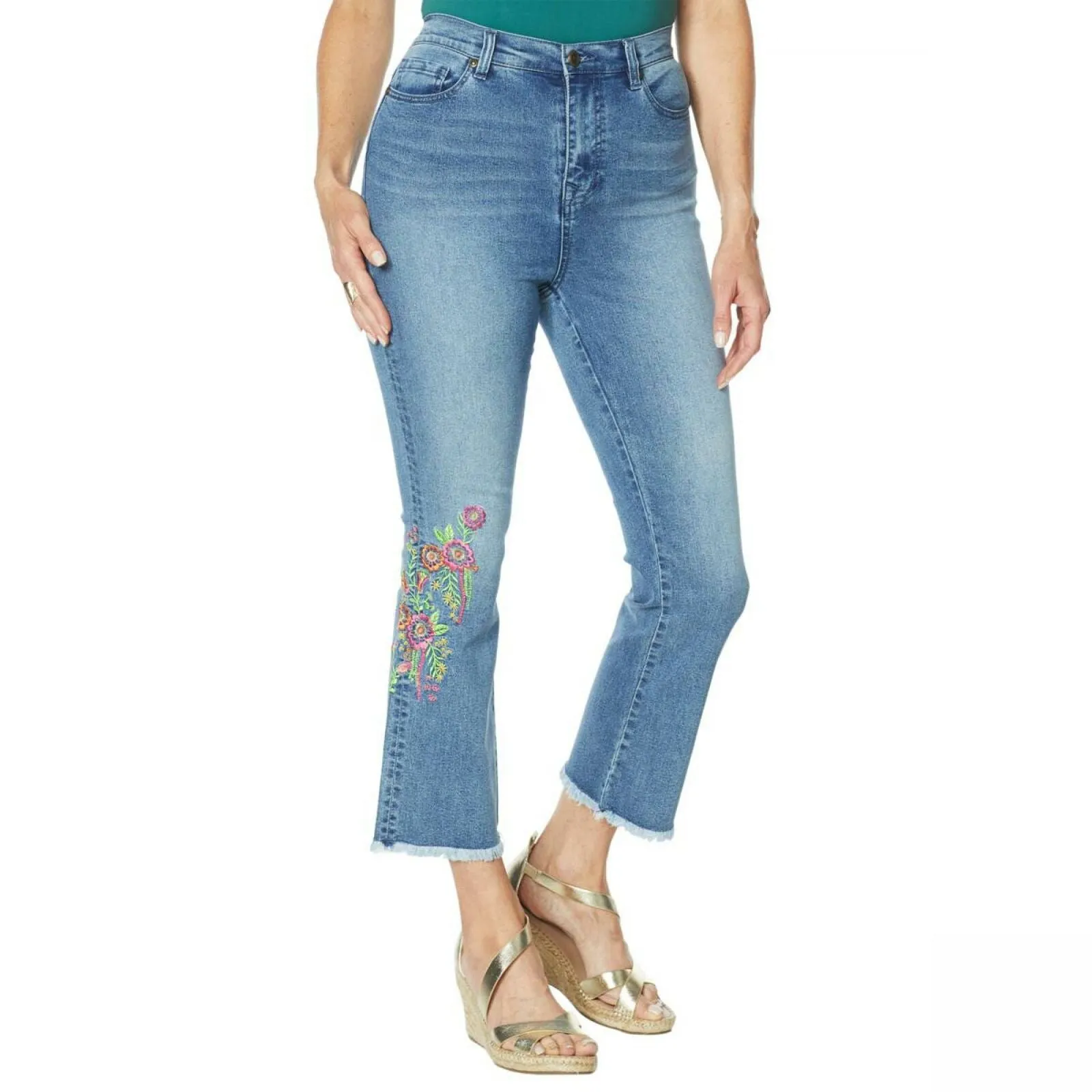 DG2 by Diane Gilman Women's Plus Size Embroidered Kick Flare Crop Jeans