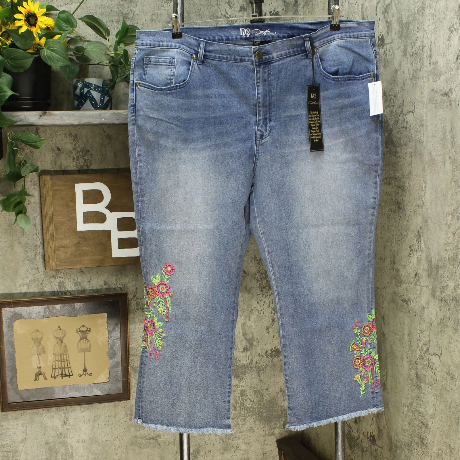 DG2 by Diane Gilman Women's Plus Size Embroidered Kick Flare Crop Jeans
